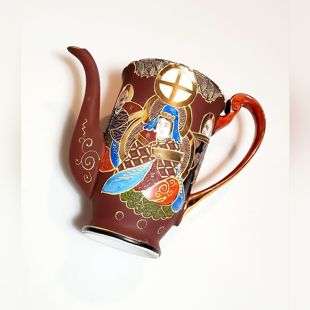 Vintage Satsuma Moriage Gilded Japanese Immortals Hand Painted Teapot w/o Lid